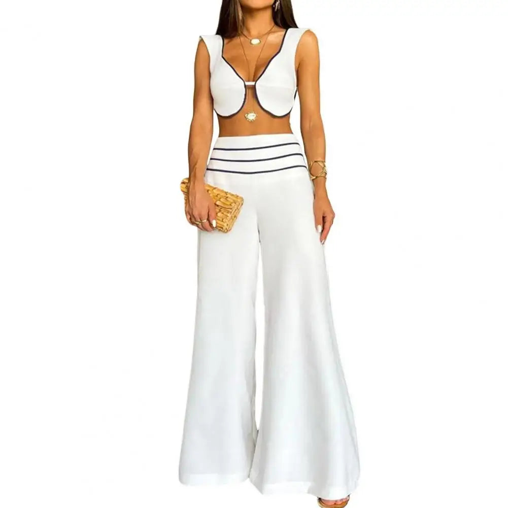 2 Piece Set Low-cut V Neck Top + Straight Pants