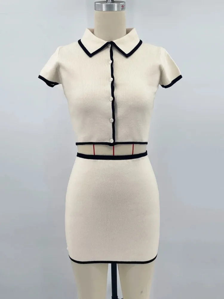 Short Sleeve Lapel Cropped Cardigan + Contrast Skirts Knitwear 2 Piece Set