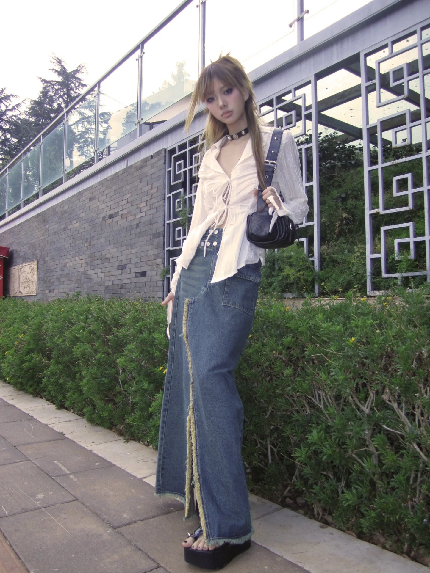 Peated Lace Up V-Neck Top