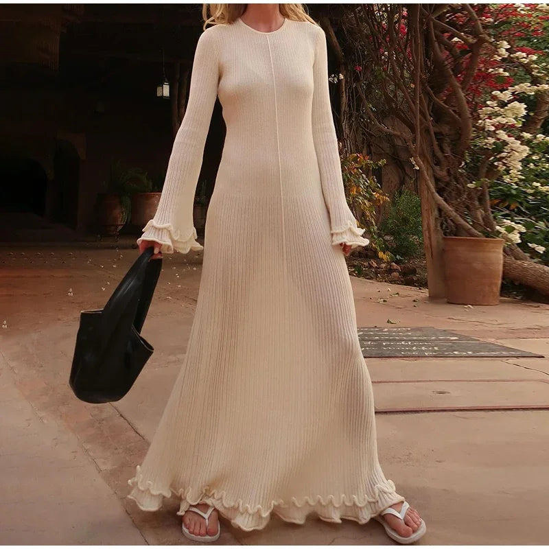 Elegant Ruffle Hem Knit White Long Dress