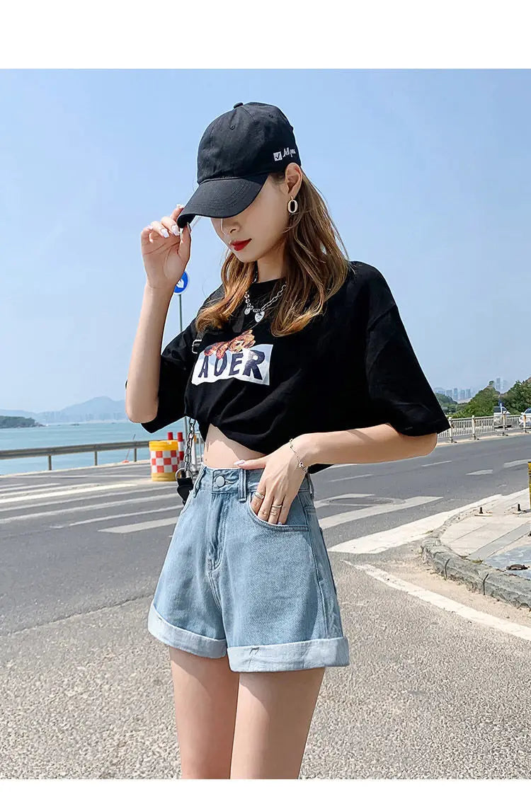 Summer Women's Denim Shorts High Waist Blue Cotton Wide-leg Short Pants Girl's Student Mini Korean Fashion Womens Jean Shorts