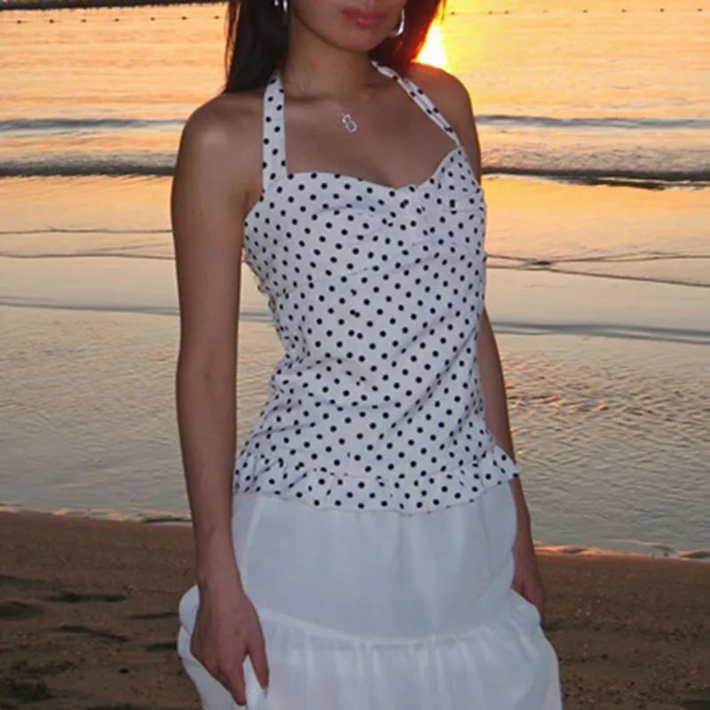 Slim Fit Polka Dot/Plaid Pattern Halter Tops