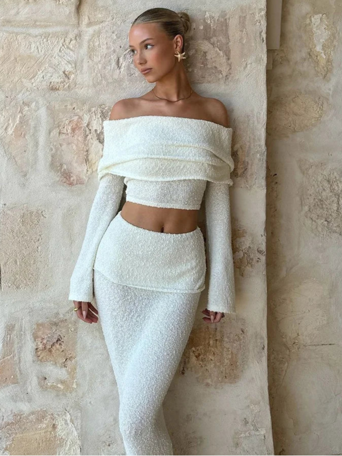 Matching 2 Piece Set Slash Neck Long Sleeve Top + Ruche Maxi Skirt