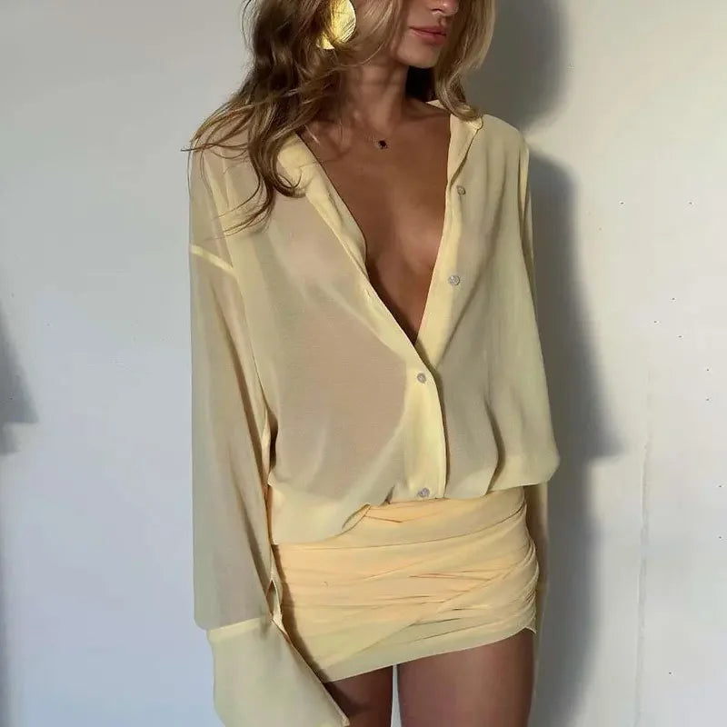 Elegant Yellow Lapel Buttons Pleated Mini Dresses