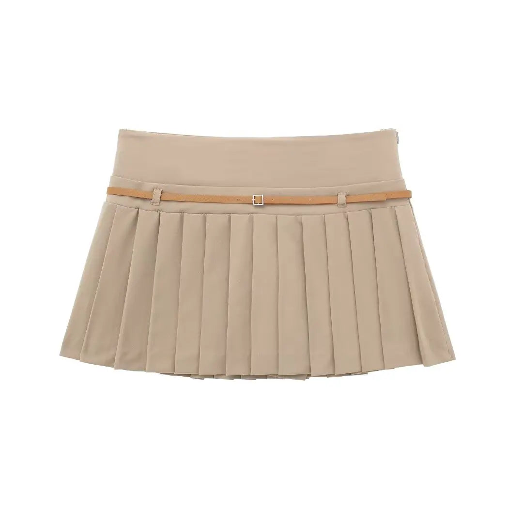 Box Pleated Mini Skirt With Belt
