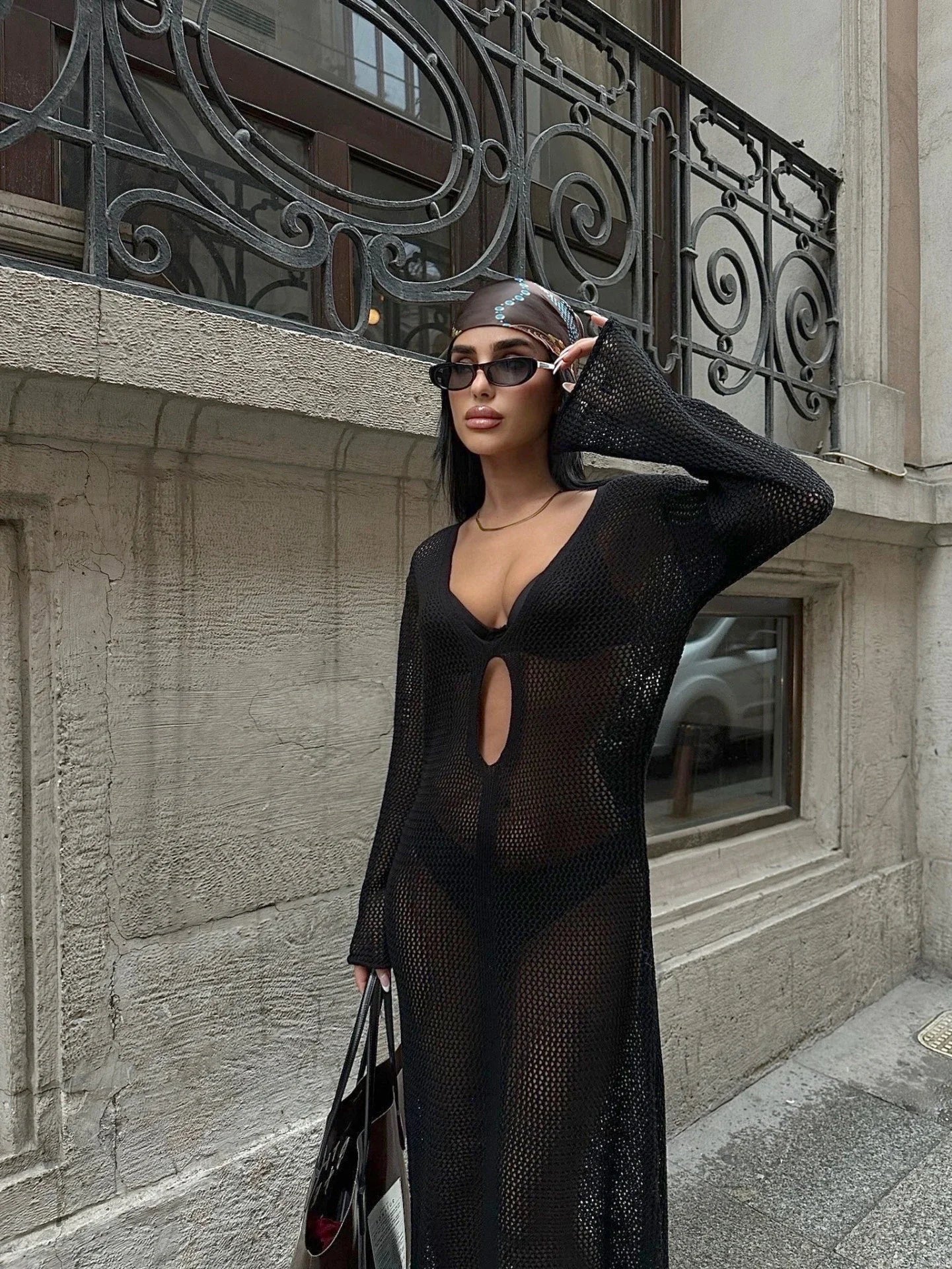 Knit Mesh V-Neck Flared Sleeve Cut Out Cover Up