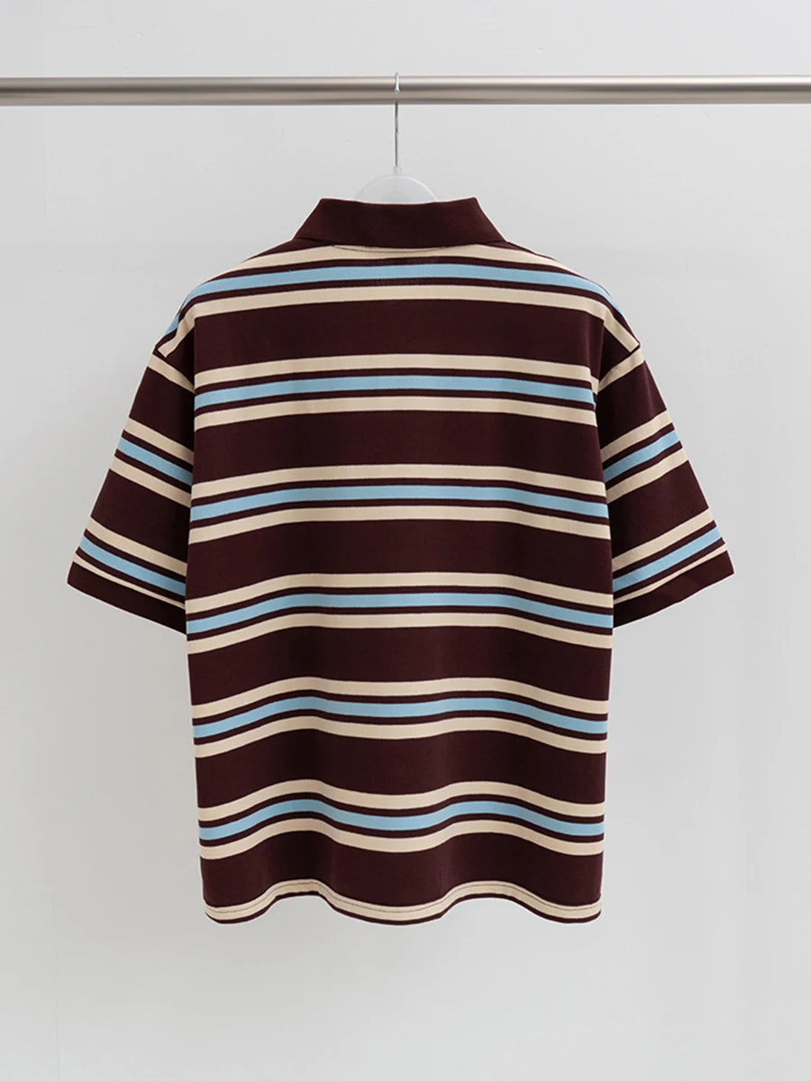 Striped Contrast Button Turndown Collar Tee