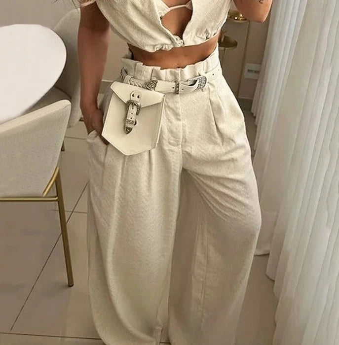 Two Piece Pants Set Solid Lapel V Neck Sleeveless Crop Top + High Waist Pocket Wide Leg Pants