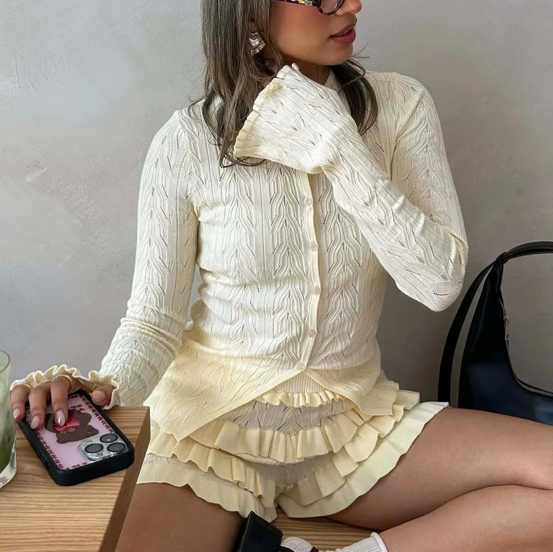 Elegant Slim Ruffle Long Sleeve Top and Mini Shorts Two piece Set