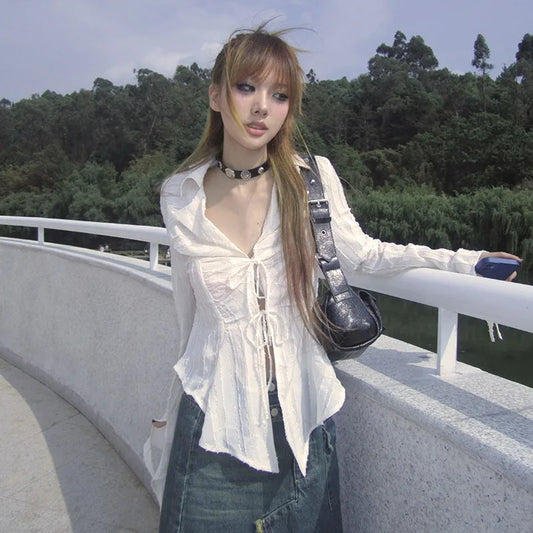 Peated Lace Up V-Neck Top