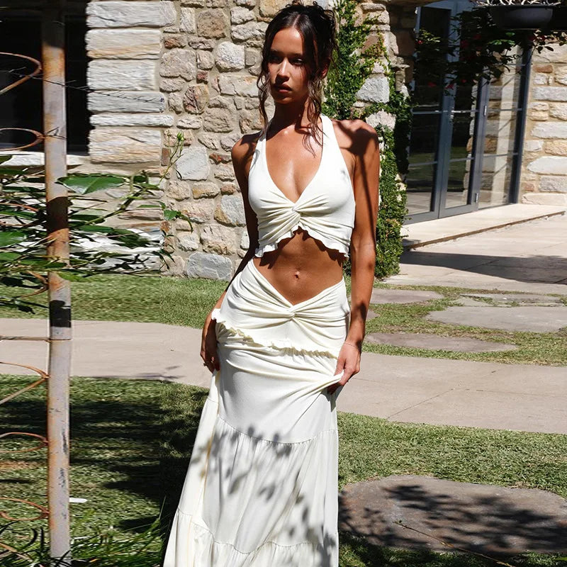 Elegant 2 Piece Set Sleeveless Frill Halter Twist Top + Maxi Skirt