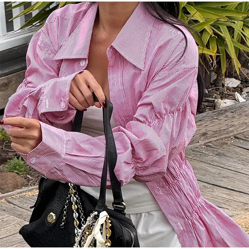 Elegant White Lapel Collar Women's Pleated Shirt