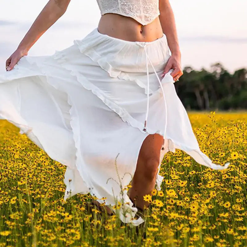Low Waist Lace Up White Irregular Split White Midi Skirt Women
