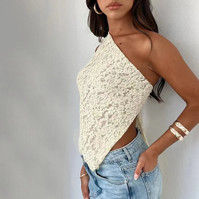 Luxury Lace Open Waist Asymmetric Slant Neck Top