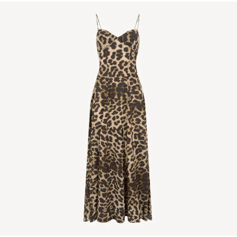 Long Lepord Print Sling High Waist Dress