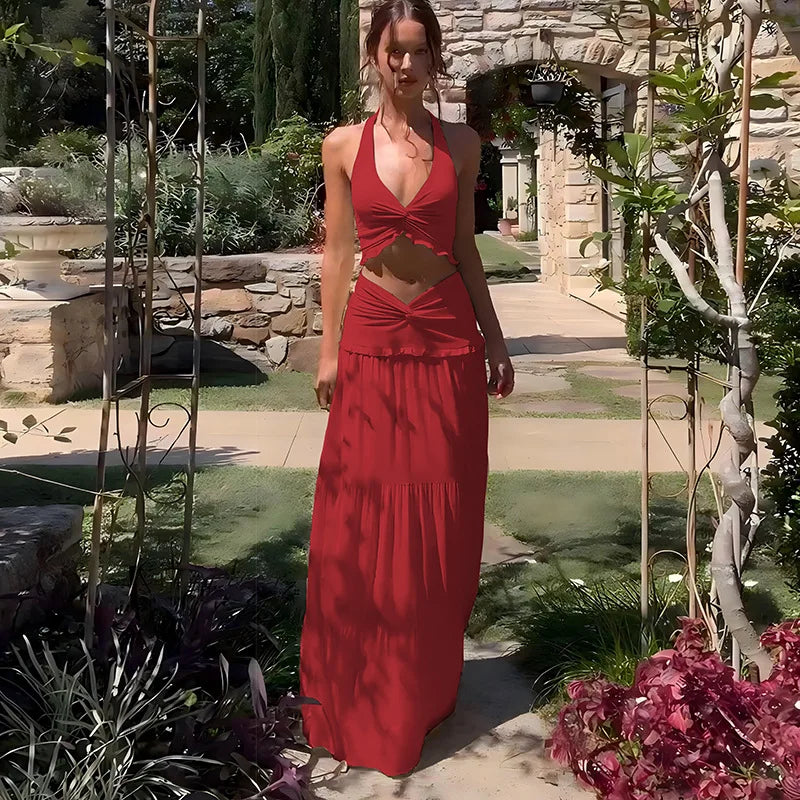 Elegant 2 Piece Set Sleeveless Frill Halter Twist Top + Maxi Skirt