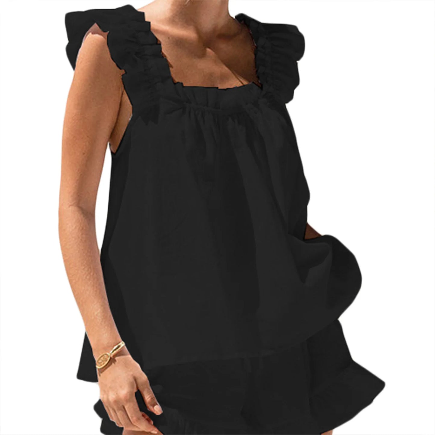 2 Pieces Set Ruffle Sleeveless Sling Square Tank Top + Collar Vest Shorts