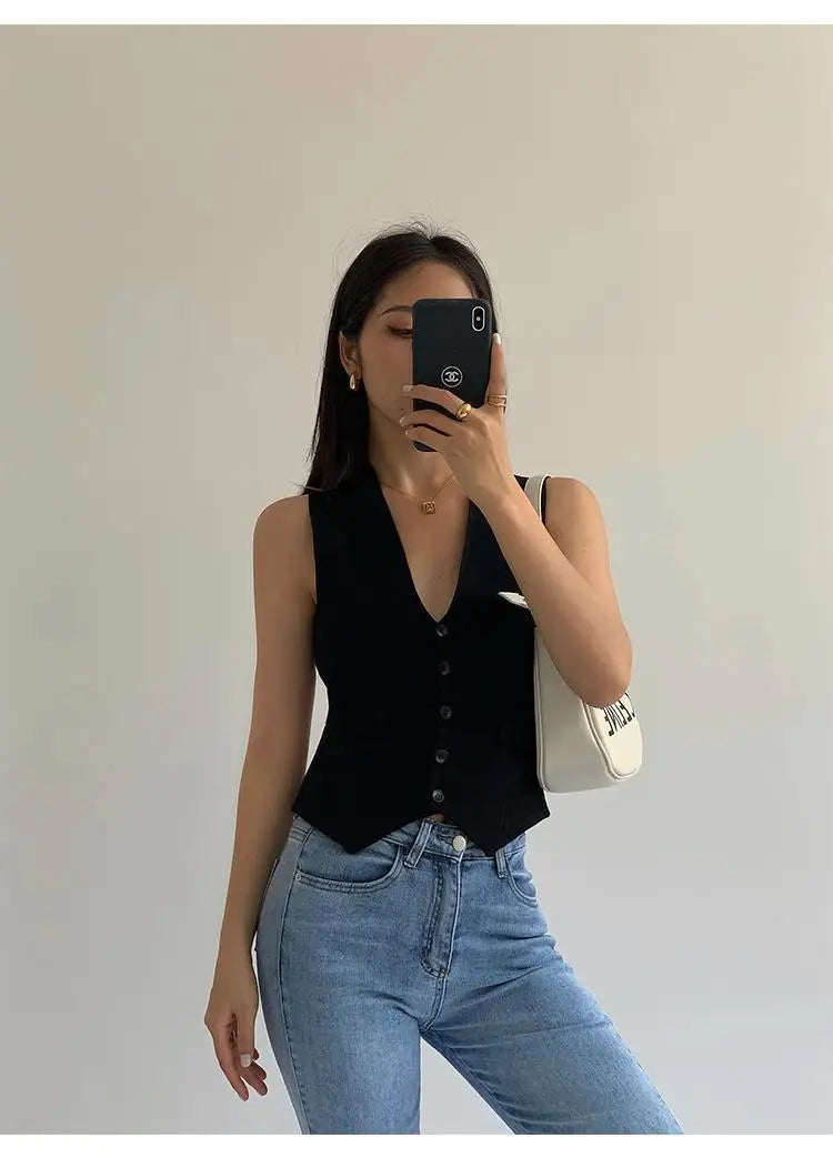Vintage Solid V-Neck Vest