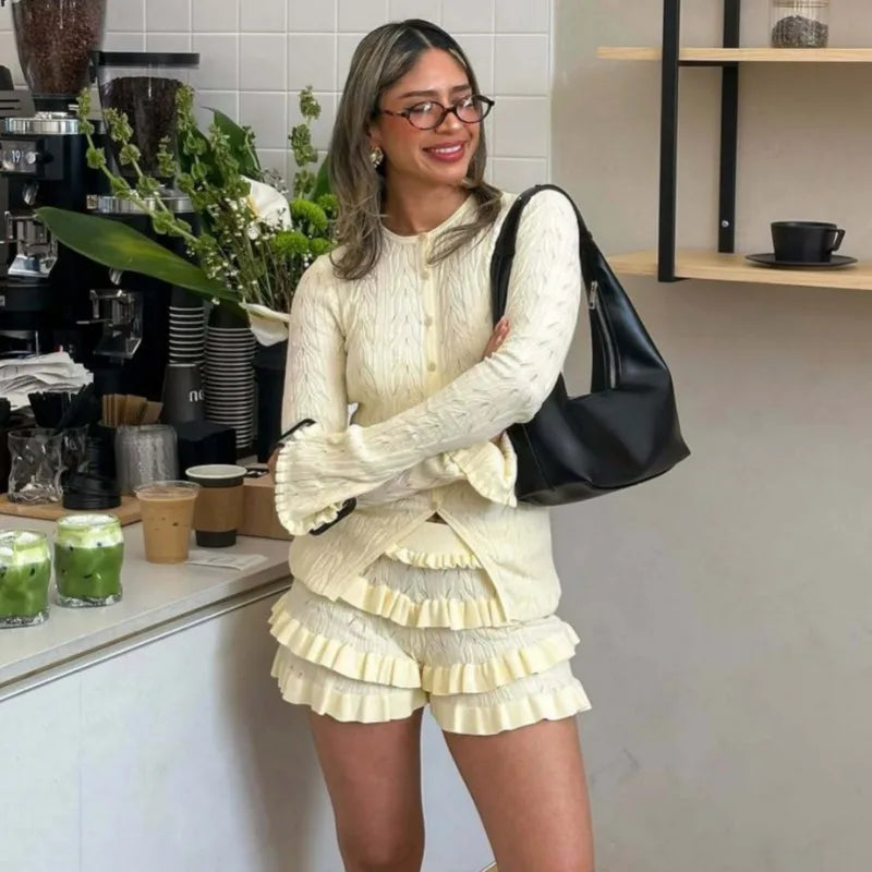 Elegant Slim Ruffle Long Sleeve Top and Mini Shorts Two piece Set