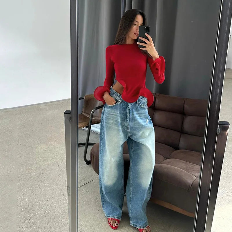 Asymmetry Slim Ruffle Long Sleeve