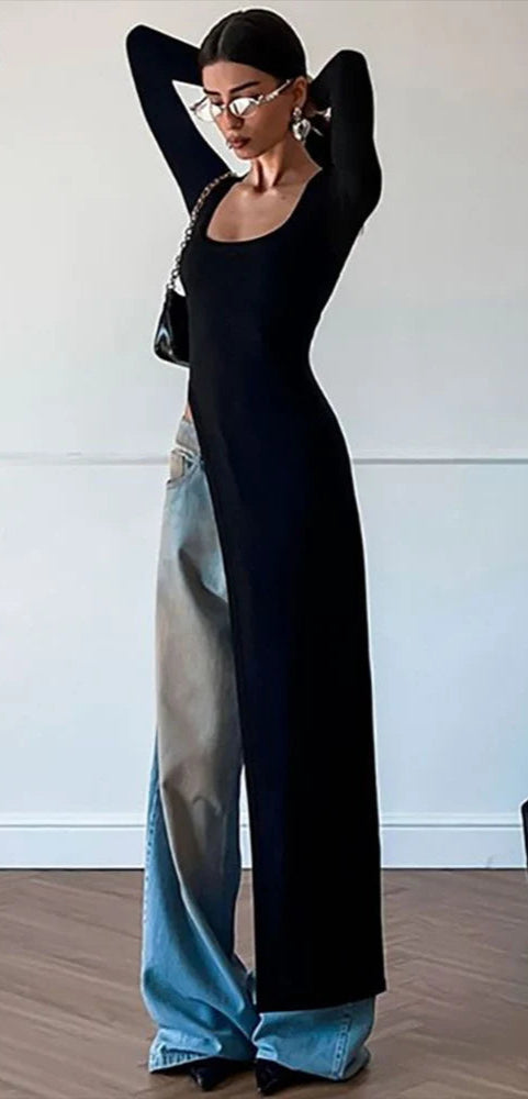 Solid Full Sleeve U-Neck Split Super-Long Top