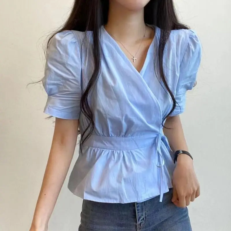 Chic Solid All-Match Lace -Up Blouse
