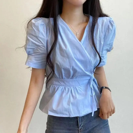Chic Solid All-Match Lace -Up Blouse