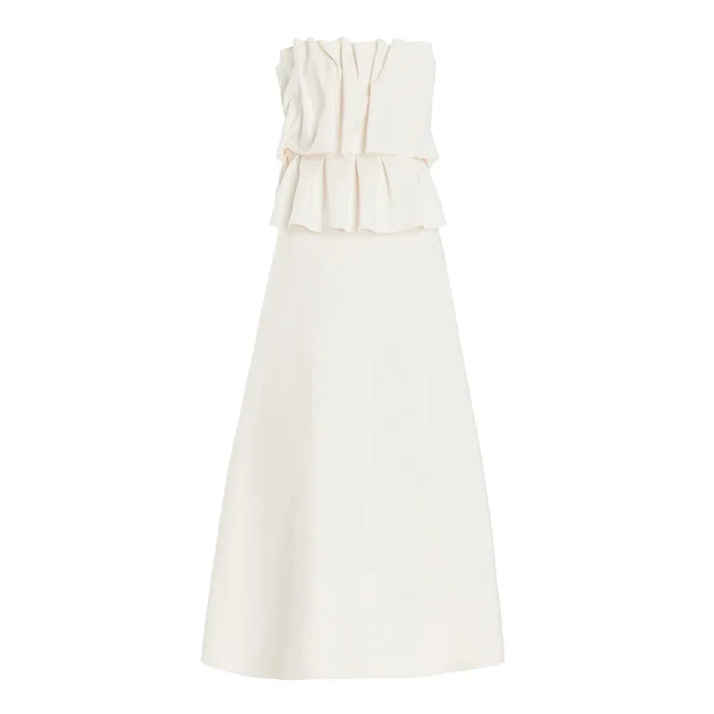 Elegant White Pleated Long Slim Tube Dress