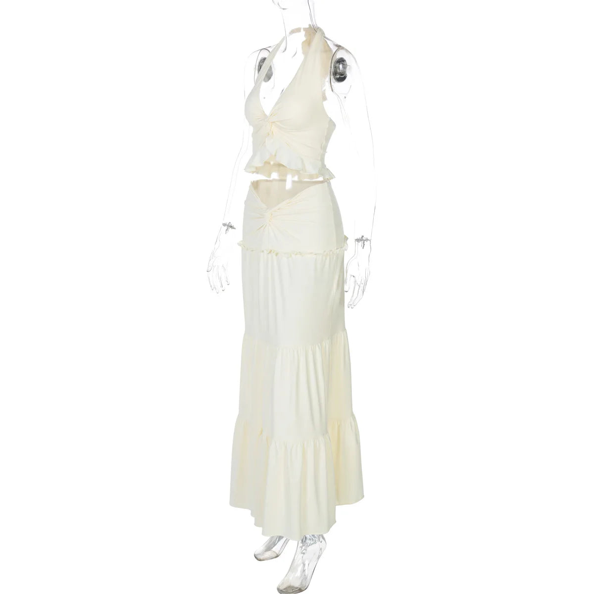 Elegant 2 Piece Set Sleeveless Frill Halter Twist Top + Maxi Skirt
