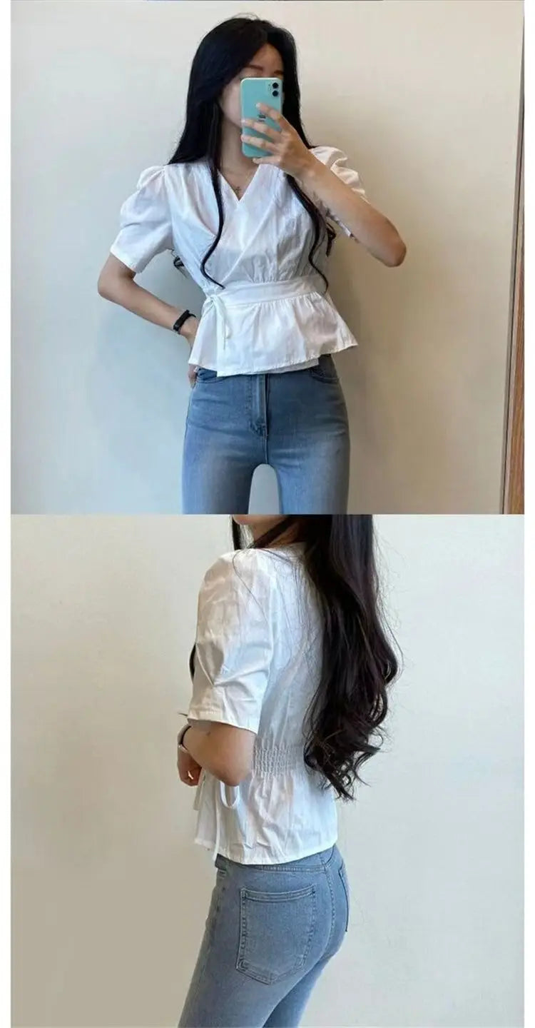 Chic Solid All-Match Lace -Up Blouse