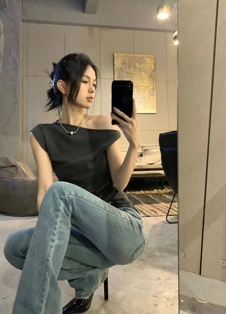 Y2k Fairy Sexy T-shirt Women Off Shoulder Design Crop Top Tee Shirts Femme Korean Fashion Ladies Tops Cute T-shirts Streetwear