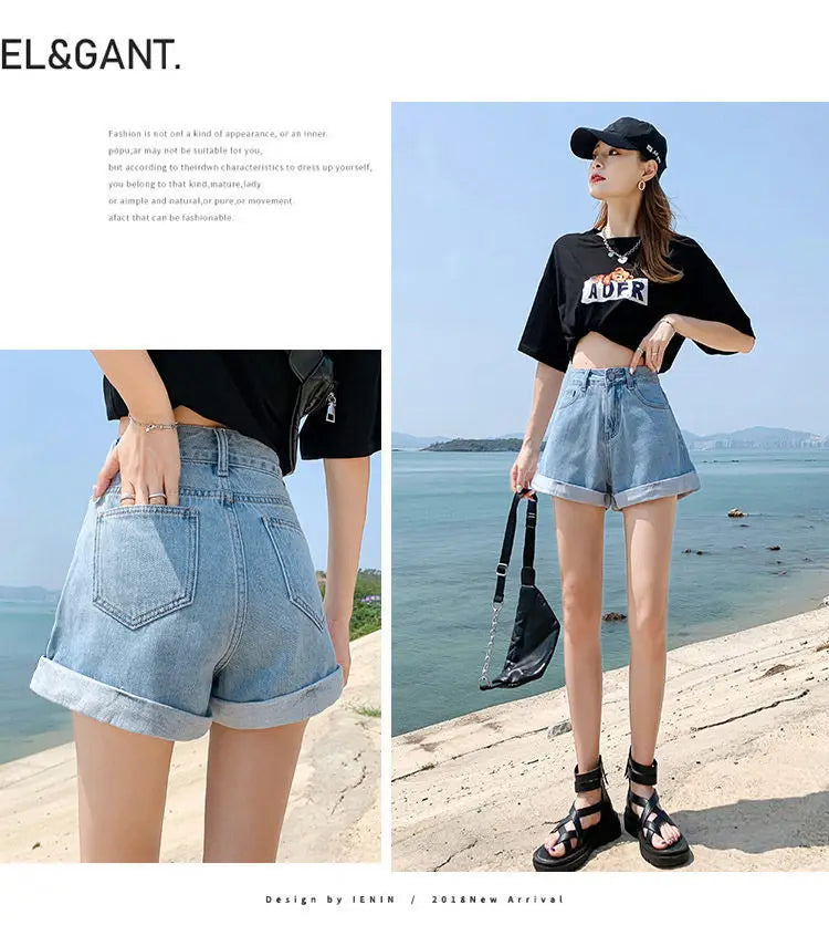 Summer Women's Denim Shorts High Waist Blue Cotton Wide-leg Short Pants Girl's Student Mini Korean Fashion Womens Jean Shorts
