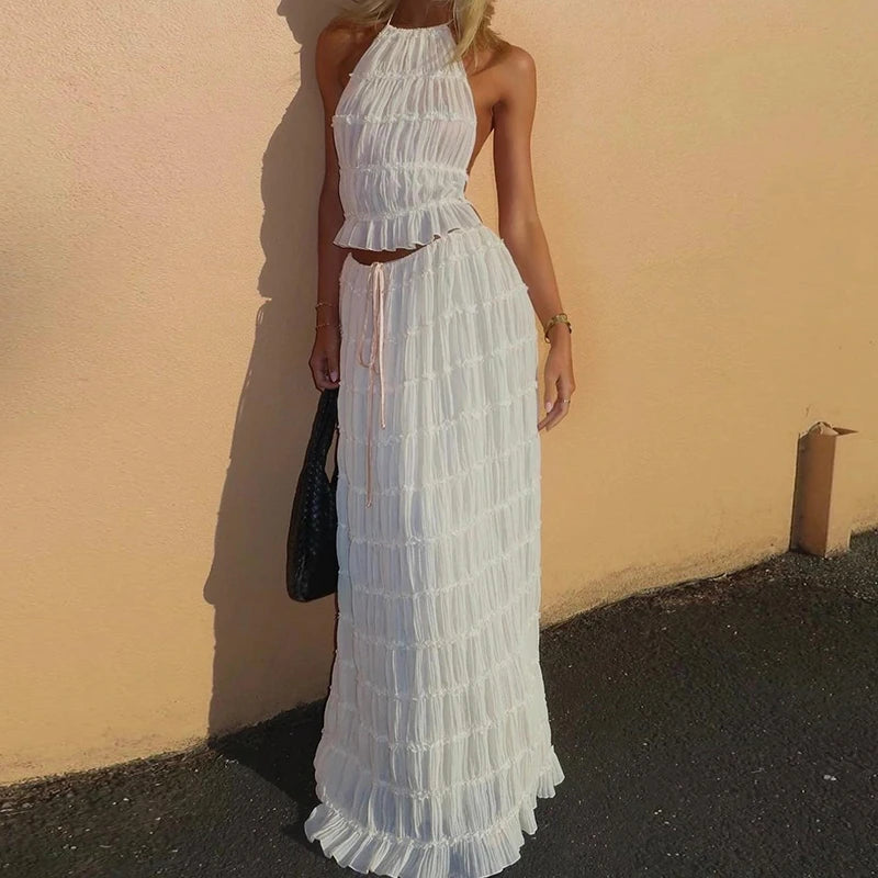 Matching Ruched Halter Cami Tops + Maxi Long Skirt