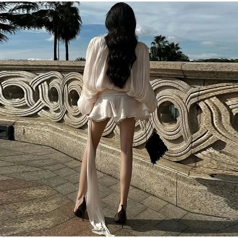 Chic Ruffle Hem Mini O Neck Lace Up Loose Blouse Dress