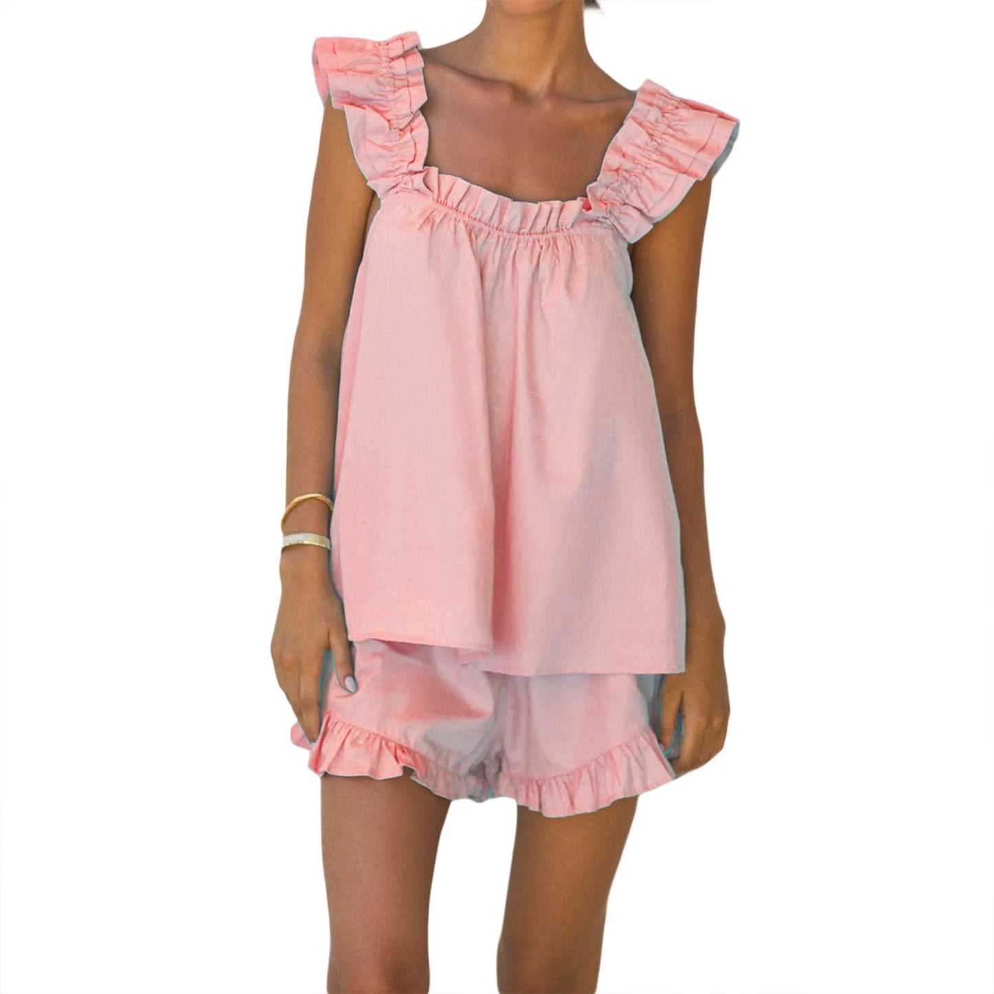 2 Pieces Set Ruffle Sleeveless Sling Square Tank Top + Collar Vest Shorts