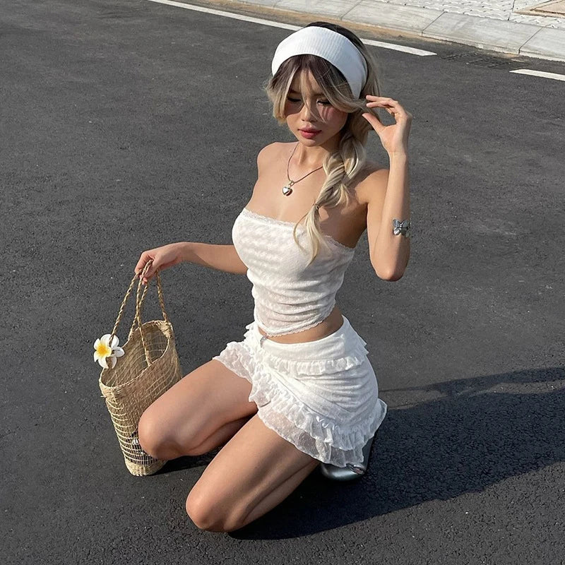 2 Piece Lace Sheer Off Shoulder Tube Top + Mini Tiered Ruffle Skirt