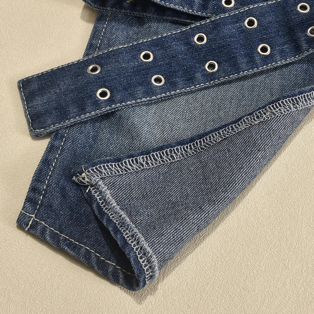 Denim Cut Out Adjustable Strap Top with Plunge Backless Halter Neck