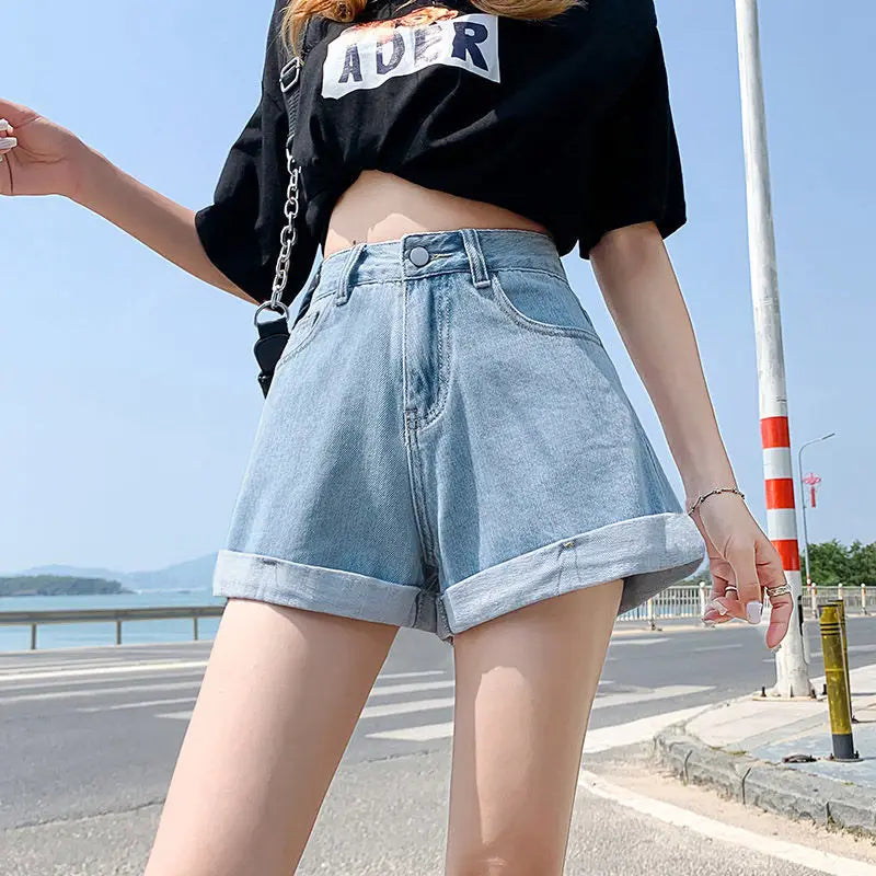 Summer Women's Denim Shorts High Waist Blue Cotton Wide-leg Short Pants Girl's Student Mini Korean Fashion Womens Jean Shorts