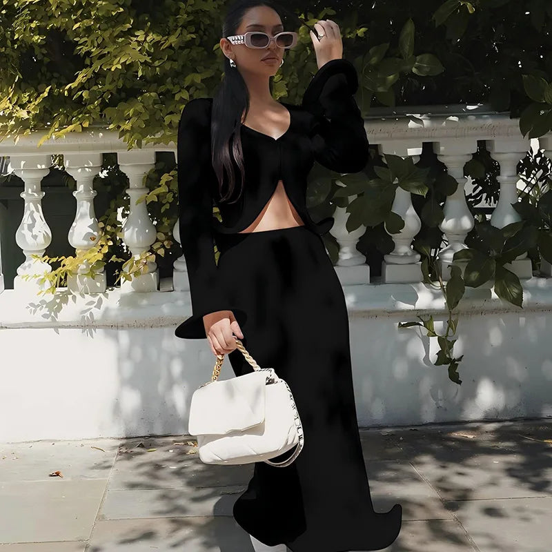 2 Piece Set Ruffle High Waist Maxi Skirt + Ruffle V-Neck Crop Top