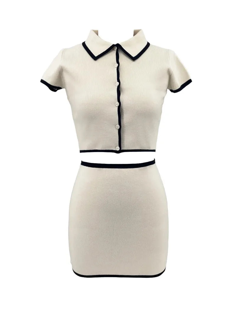 Short Sleeve Lapel Cropped Cardigan + Contrast Skirts Knitwear 2 Piece Set