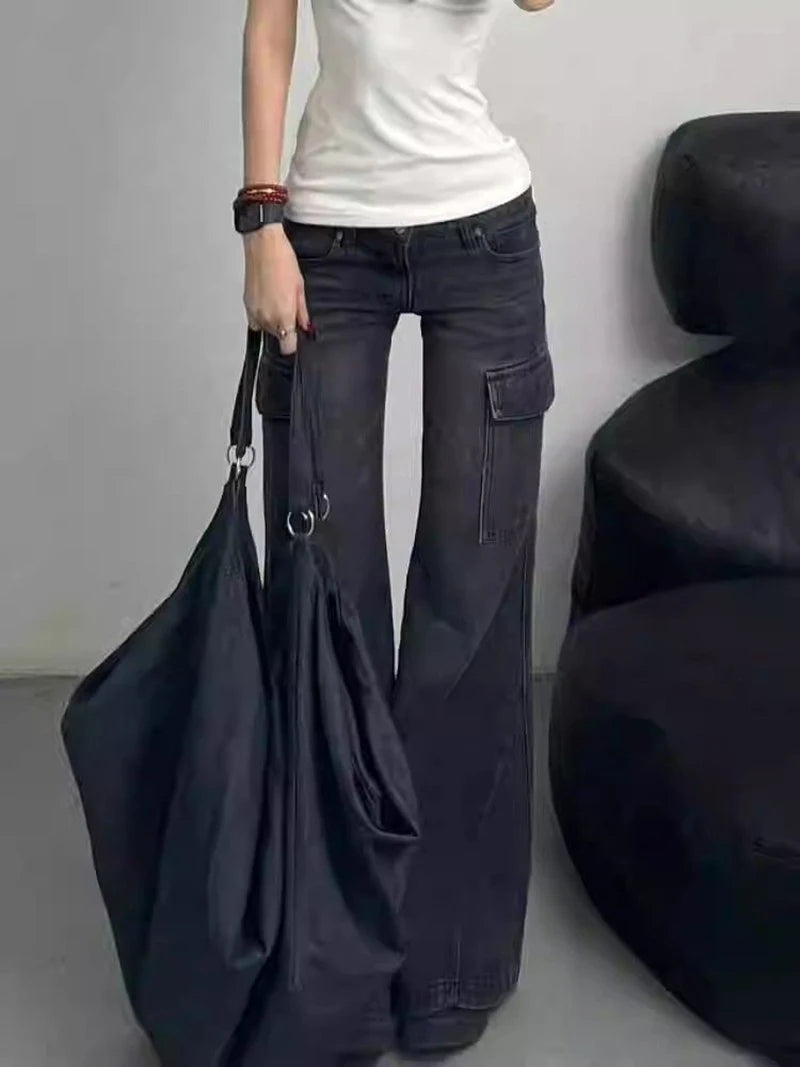 High Waist Flare Denim Pants Multiple Pockets Denim Trouser