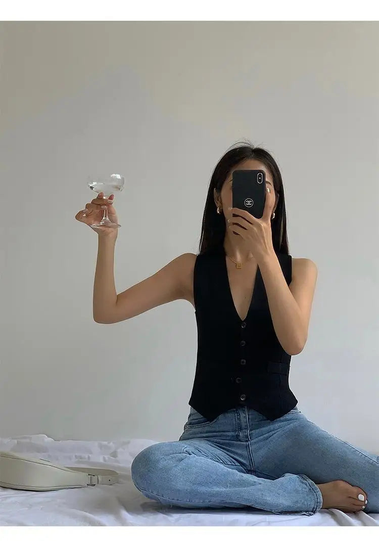 Vintage Solid V-Neck Vest