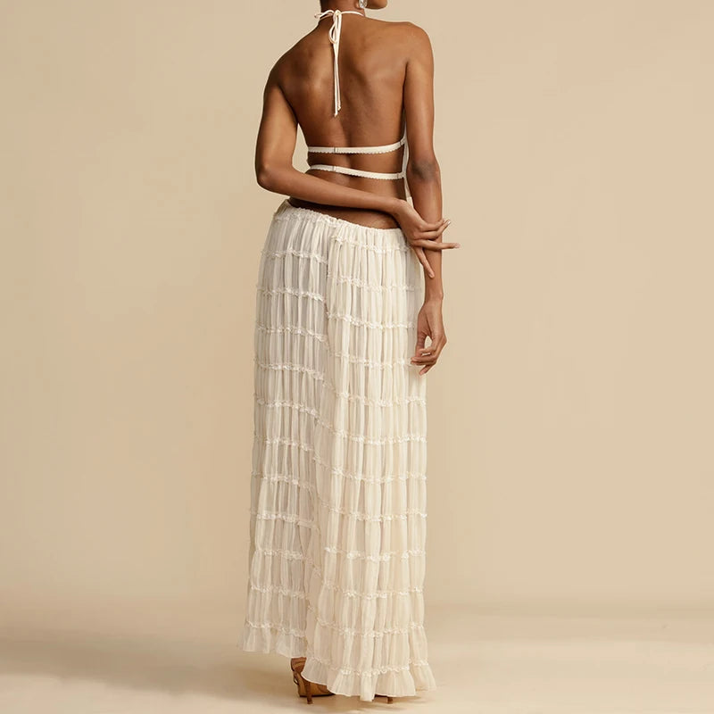 Matching Ruched Halter Cami Tops + Maxi Long Skirt