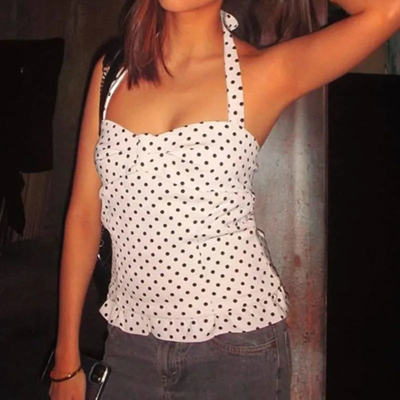 Slim Fit Polka Dot/Plaid Pattern Halter Tops