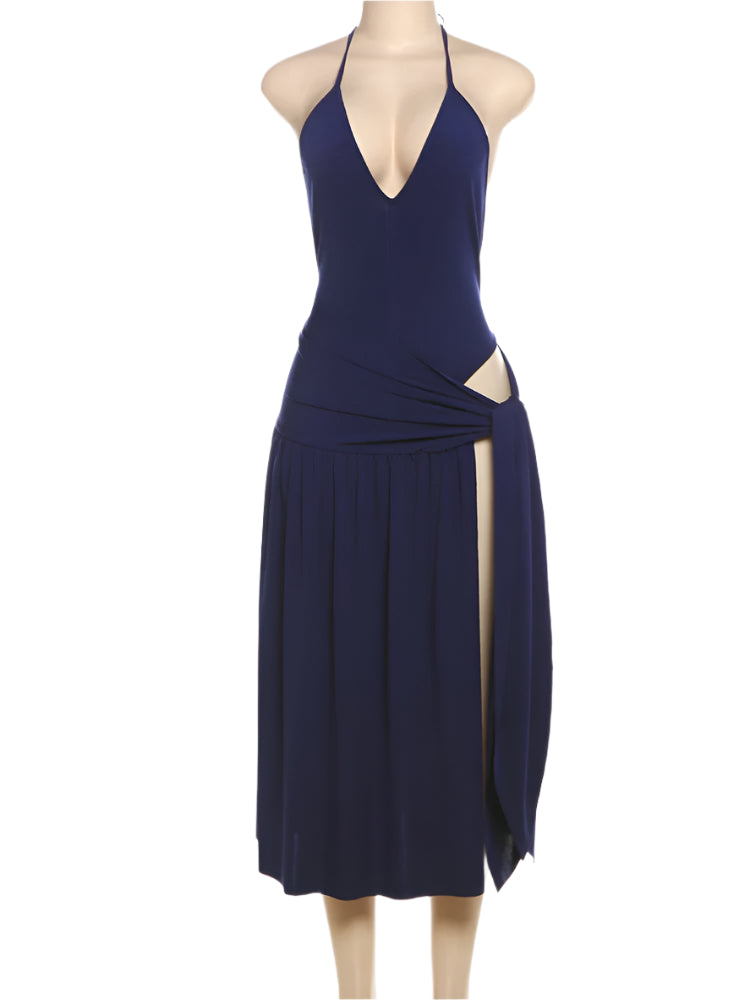 2 Piece Set Classic V-neck Camis Bodysuits + Tied Split Ruffle Maxi Skirt