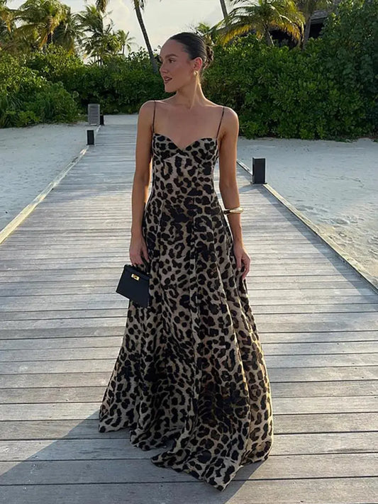 Long Lepord Print Sling High Waist Dress