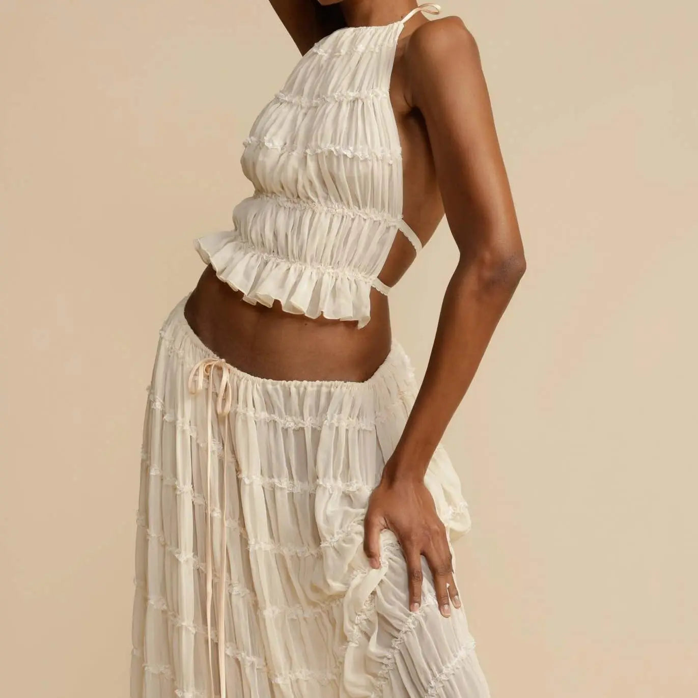 Matching Ruched Halter Cami Tops + Maxi Long Skirt