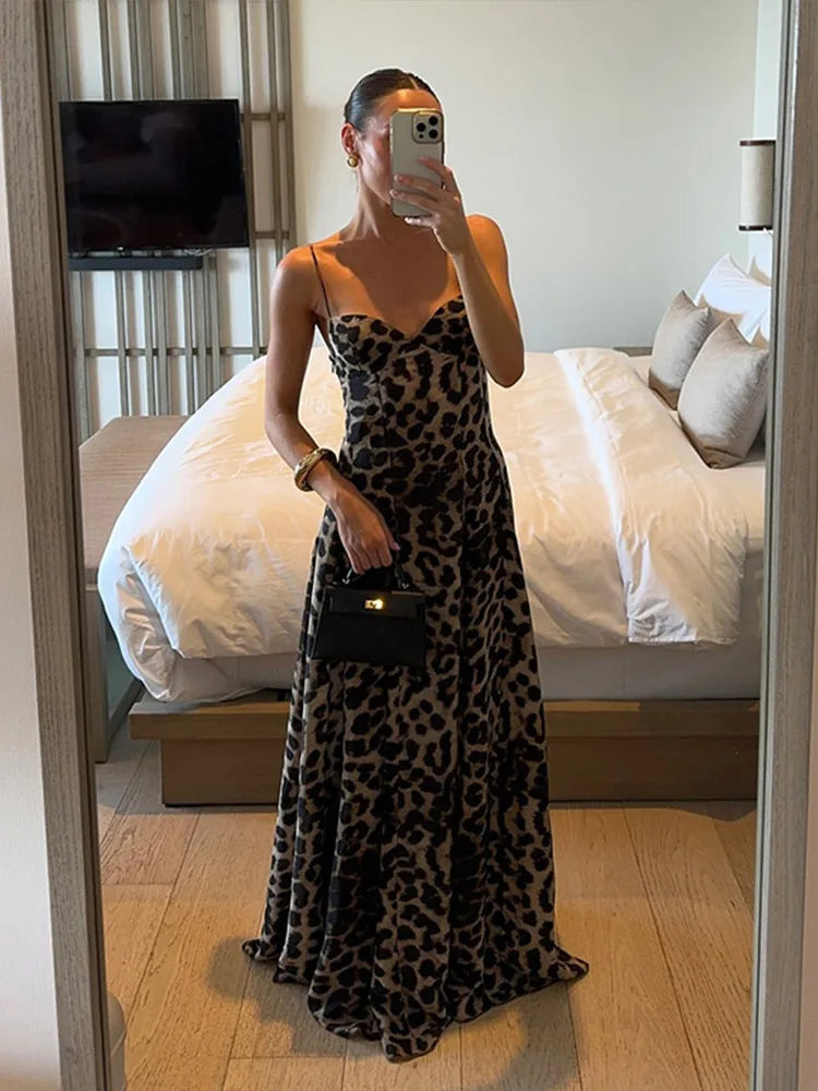 Long Lepord Print Sling High Waist Dress
