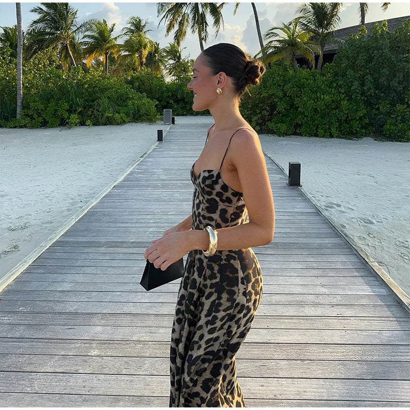 Long Lepord Print Sling High Waist Dress