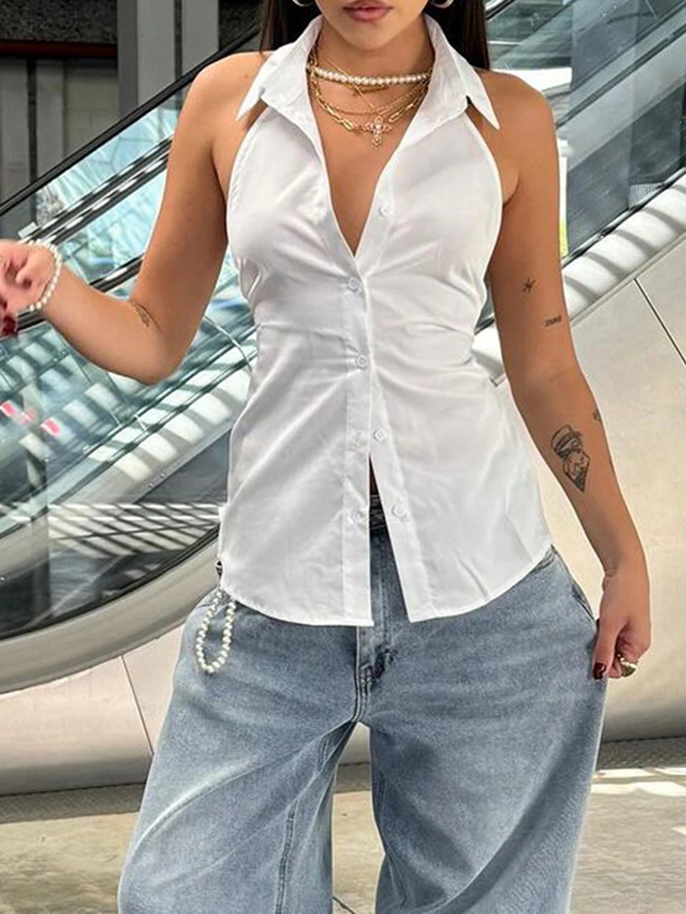 Backless Tie Bow Single Breasted Turn Down V-Neck Halter Top